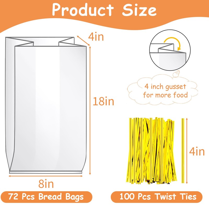 Bread Bags with Ties, 72 Pack Clear Bread Bags for