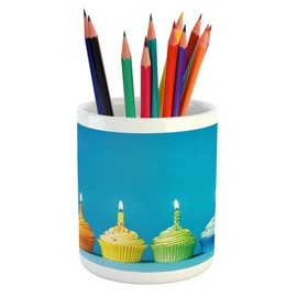 Ambesonne Birthday Pencil Pen Holder, Cupcakes in Rainbow Colors with Candles Fun Homemade Party Food Delicious, Printed Ceramic Pencil Pen Holder for Desk Office Accessory, Multicolor
