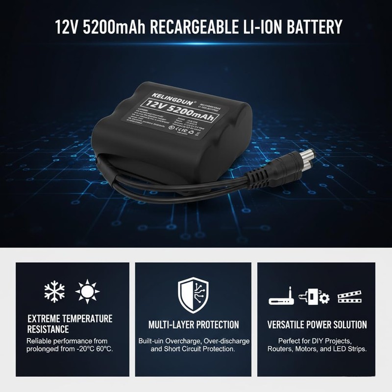 kelingdun 12V 5200mAh Rechargeable Battery - High-Capacity Emergency Power Supply