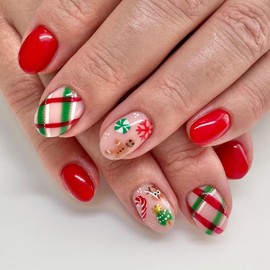 Cubahop 24 x Christmas Nails, Short Oval Fake Nails, Red Elk, Forest, Snowflakes, Crutch, False Nails, Snowman Press on Nails for Women and Girls (D)