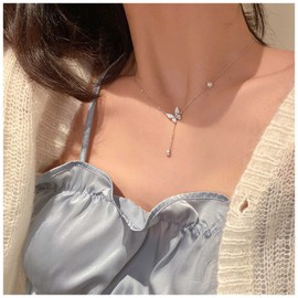 Yienate Boho Butterfly Y Necklace Chain Vintage Silver Butterfly Pendant Necklace Necklace Minimalist Butterfly Choker Tiny Pearl Rhinestone Pendant Necklace Charm Jewelry for Women and Girls