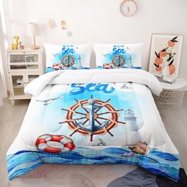 Suncloris Nautical Blue White Ocean Wave Comforter Set for Kids Teens, Queen Size Lighthouse Compass Anchor Bedding Comforter with 2 Nautical Sea Sailing Pattern Pillowcases- 90" x 90" (Queen, 03)