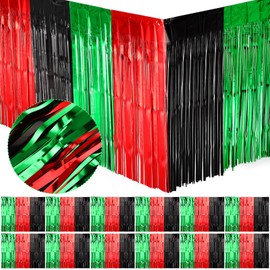 Zeyune 12 Pack Black History Month Table Skirt Decorations 29 x 39 Inch Black Red Green Metallic Foil Fringe Tinsel Table Skirts Juneteenth Table Decorations for Kwanzaa Party Supplies