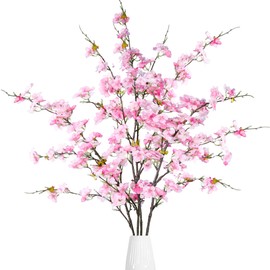 Sggvecsy Artificial Cherry Blossom Flowers 4 Pcs Faux Cherry Blossom Stems Faux Silk Cherry Blossom Branches 43’’ Fake Flowers Long Stems for Vase Arrangements Home Wedding Table Decor (Pink)