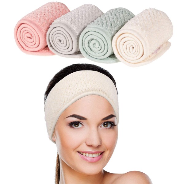Whaline 4 Pack Spa Facial Headband Super Absorption Makeup Hair Wrap Adjustable Coral Fleece Hair Band Soft Towel Head Band for Face Washing, Shower Sports Yoga (Pea Green, Pink, Beige, Light Gray)