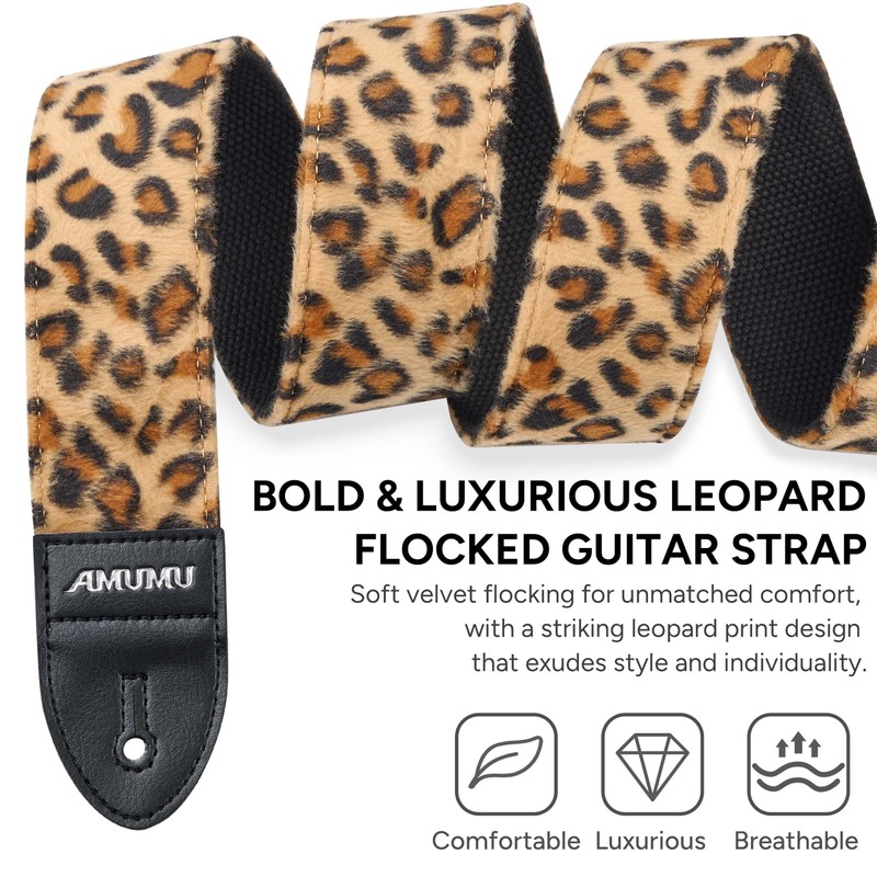 Amumu Leopard Flocked Velvet Guitar Strap with Microfiber Leather Ends,