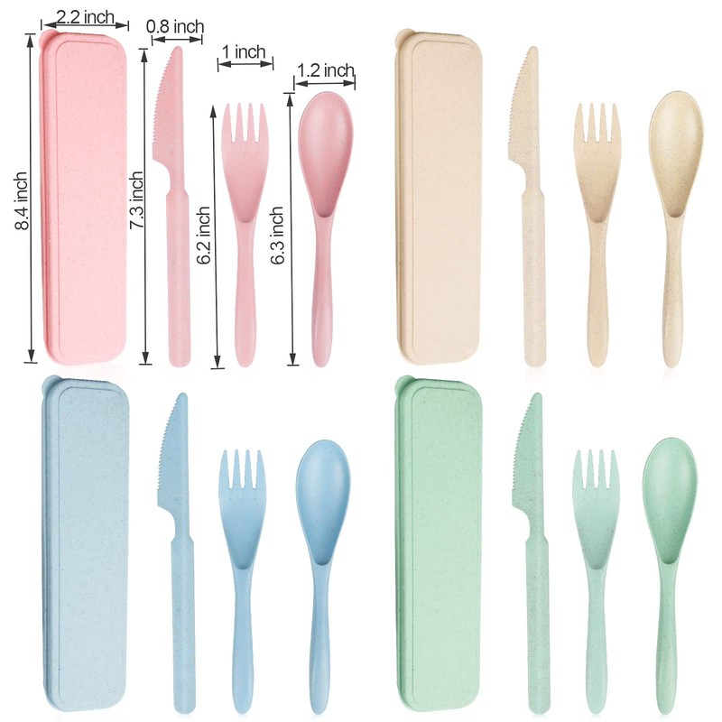 Reusable Travel Utensils Set with Case, 4 Sets Wheat Straw