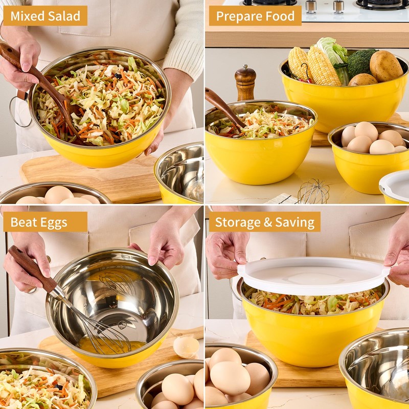Moxinox Yellow Mixing Bowls with Airtight Lids, Stainless Steel Nesting