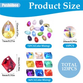 123Pcs Sew on Rhinestones, 3 Shapes Resin Sewing Rhinestone with Double Holes, Multicolor Flatback Rhinestones Faceted Flatback Crystal Crystal Rhinestones for Crafts Clothing Shoes