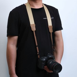 Padwa Lifestyle Off White Camera Strap - 1.5"Wide Crazy Horse Cowhide Head，Pure Cotton Woven Camera Strap,Adjustable Universal Neck & Shoulder Strap for All DSLR Cameras,Great Gift for Photographers