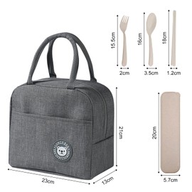 Insulated Lunch Bag with 3-Piece Cutlery (Boxed) Waterproof Leak-Proof Cool Bag Insulated Bag Reusable Foldable Carry Bag for Outdoor School Picnic or Work (Grey)