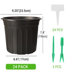 Huvai 24 Pack 2 Gallon Nursery Pots, Thickened Soft Black Plastic Plant Pots with 24Pcs Waterproof Plastic T-Type Plant Tags and 2Pcs/Set Transplanting Digging Mini Tools
