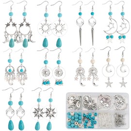 SUNNYCLUE 1 Box DIY 10 Pairs Bohemian Style Moon Charms Sun Star Charm Women Dangle Earrings Making Kit Antique Silver Chandelier Connector Charm Synthetic Turquoise Beads for Jewelry Making Kits