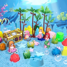 Ynybusi Sensory Bins for Toddlers,Sensory Toys Play Sand Art Kit with Sandbox & Sand Castle Molds & Tools,Indoor Outdoor Beach Toys for Boys and Girls Christmas Birthday Gift (Mermaids)