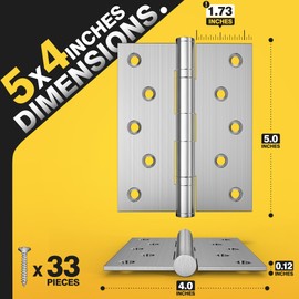KOLET Ball Bearing Door Hinges, 5 x 4 Inches Door Hinges, Square Corner with Extra Thick 3mm, Heavy Duty Stainless Steel, Suitable for Hotel and Building, Smooth and No Squeak, Brushed Nickel, 3 Pack