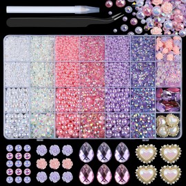 11000PCS Flatback Pearls and Rhinestones for Bedazzling Crafts, 140PCS 3D Flower Charms Big Teardrop Heart Gems for Nail Art, Costume Making, Tumbler Decoration with Tweezer Pickup Pen (Pastel Dream)