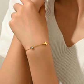 RATVIU Gold Bracelets for Women 18K Gold Plated Cross Bracelets Dainty Birthstone Bracelets Simple Birthday Faith Confirmation Jewelry Gifts
