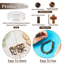54 Pcs Tiger Eye Beads 8mm Natural Stone Beads Tiger Eye Cross Pendants Round Gemstone Loose Beads with Elastic Crystal Thread for Bracelet Making Kits Catholic Rosary Necklaces Jewelry Making