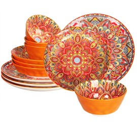 YA JU Mandala Dinnerware Sets (12 Pcs) Serves 4, Buffet Dinnerware, Boho Plates and Bowls Dish Set with 8" salad Plate 10" dinner Plate 4.8" bowl, apply Casual dining Indoor Outdoor Dining Part