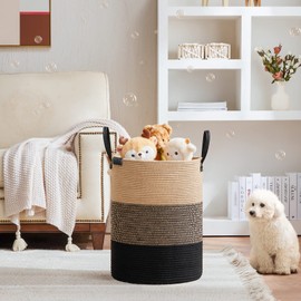 VIPOSCO Tall Laundry Basket, Large Dirty Clothes Hamper with Leather Handle, Woven Rope Storage Basket for Blanket, Toy In Living Room, Bathroom, Bedroom - 58L Brown & Black