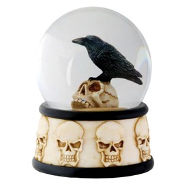 Ebros Gift Small Day of The Dead Edgar Allan Poe Quoth The Raven Perching On Giant Skull Glitter Water Globe Collectible Figurine with Skull Faces Base 3.5" Tall