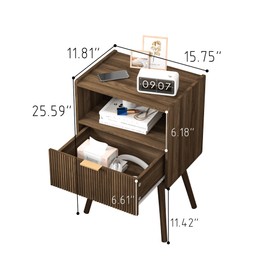 JOONEE Nightstand,Modern Bedside Table with Storage Drawer and Open Wood Shelf, for Living Room, Bedroom and Small Spaces, Accent Night Stand with Solid Wood Legs, Easy Assembly,Walnut Brown
