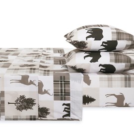 Wake In Cloud - Rustic Bed Sheets, 4-Piece Sheet Set, Cabin Christmas Lodge Western Country Bear Deer Holiday RV Outdoor Theme Bedding, Deep Pocket, Taupe, Queen Size