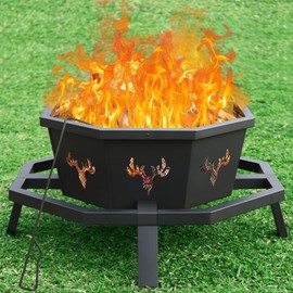 BOINN 35 Inch Fire Pit, Wood Burning Fire Pit for Outside, Heavy Duty Octagonal Firepit with Poker for Camping Backyard Patio Black