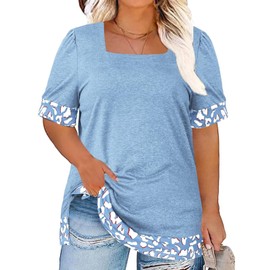 Plus Size Tops for Women Trendy Short Sleeve Cute Color Block Shirts Casual Square Neck Tunic Blue 2X