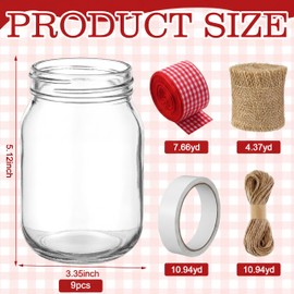Gandeer 9 Sets 12 Pcs Picnic Party Centerpieces for Table Mason Jar Table Centerpieces with Red and White Gingham Ribbon Burlap for Picnic Pizza Farmhouse Wedding Birthday Party BBQ Baby Shower Decor