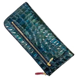 HARUBE #86-359 Kyoto Naniwaya Thin L-Shaped Fastener Cowhide Crocodile Embossed Enamel Functional Card 24 Cards Large Capacity Long Wallet Ladies Croco #86-359, blue x Bordeaux