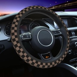 Black Brown Checkered Steering Wheel Cover Universal 15 Inch, Non Slip Durable Auto Car Accessories