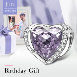 NINGAN Birthstone Charms for Bracelet, Angel Wings 925 Sterling Silver Love Heart Bead Pendant Engraved Joy, Birthday Mother's Day Jewellery Gifts for Women Girls, Cubic Zirconia