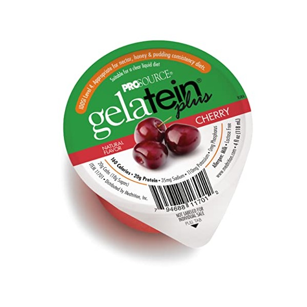 Gelatein Plus Cherry: 20 grams of protein. Ideal for clear liquid diets, swallowing difficulties, dialysis and oncology. Great pre or post-workout snack. (12 pack)