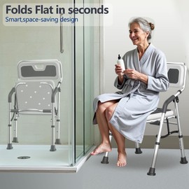 Foldable Shower Chair for Inside Shower with Arms and Back, Shower Chair for Elderly and Disabled with Adjustable Height,Folding Bath Chairs for Seniors,Quick-Assembly & Comfortable