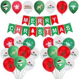 VARACL 35PCS Christmas Balloons, 12 Inch Latex Red Green White Party Balloons for Christmas Party Decorations, Christmas Birthday New Year Party Supplies - Including Merry Christmas Banner and Ribbons