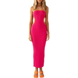 Thopavenoir Women's Knit Strapless Maxi Dress Side Cutout Backless Ribbed Long Dresses Bodycon Y2k Tube Top Beach Dresses (Rose Red, M)