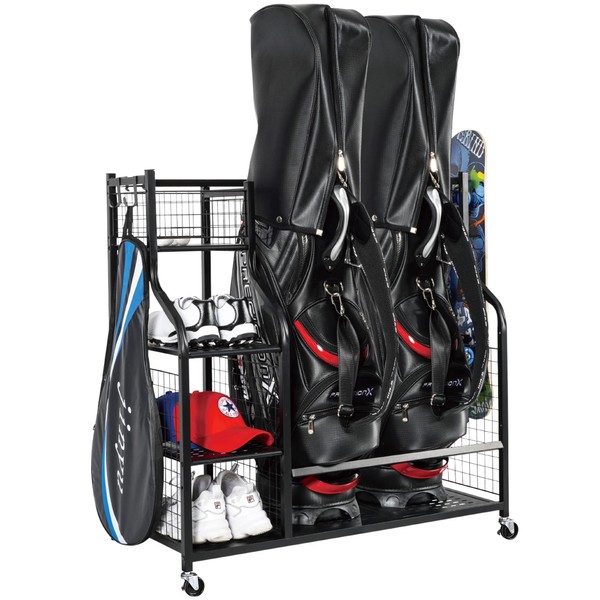 PLKOW Golf Bag Storage Garage Organizer Fits for 2 Golf Bags and Golf Accessories, Extra Large Size Golf Bag Storage Stand and Golf Equipment Rack for Garage, Shed, Basement
