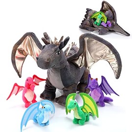 HyDren 5 Pcs Dragon Plush Toys Set 16 Inch Giant Dinosaur Stuffed Animal with 4 Pcs Babies Dragons in Mommy Dinosaur Belly for Kids Boys Girls Easter Birthday Gifts Student Classroom Prizes(Gray)