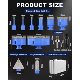 Diamond Tile Hole Saw Kit - 12Pcs 1/4'' X 2, 5/16'', 4/5'', 1-3/8'', 2'', 2-1/2'', 4'' Drill Bits, 4/5'' Finger Bit, 2'' Beveling Chamfer Bit, 2pcs Adapters for Porcelain Tile Ceramic Granite Marble