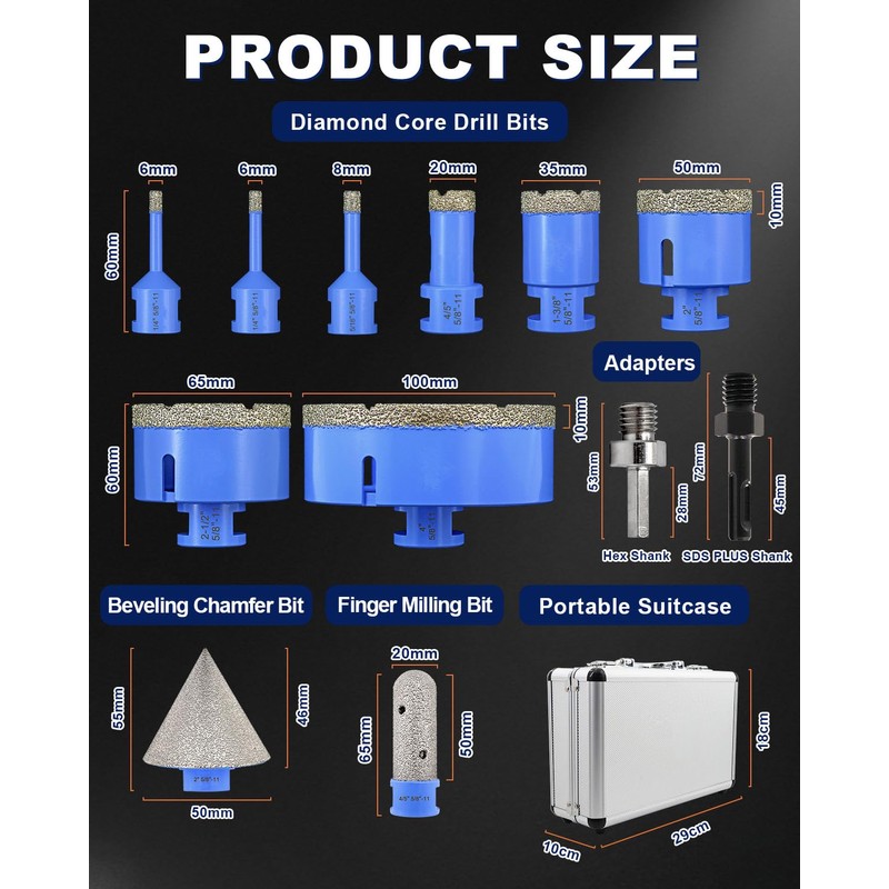 Diamond Tile Hole Saw Kit - 12Pcs 1/4'' X 2,