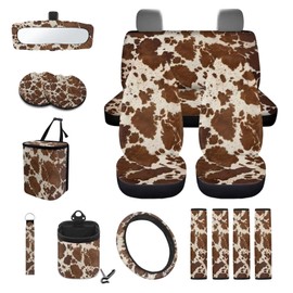 Wanyint Brown Beige Cow Print 15 PCS Car Seat Cover Full Set With Steering Wheel Cover, Seat Belt Pad, Trash Bin, Rear View Mirror Cover, Cup Holders, Keychain, Air Vent Storage Bag, Car Decoration