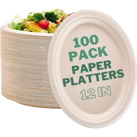 FAMASTON 100 pack Oval Paper Plates 12 inch 100% Compostable Heavy-Duty disposable extra large platters thanksgiving dinner party bulk 12" biodegradable platos - Craft
