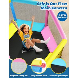 60" Trampoline for Kids, Twinkoo 5FT Fortified Toddler Trampolines with Anti-Rollover Bottom, Indoor/Outdoor Toddler Trampoline with Safety Enclosure, Adjustable Gymnastics Bars, Basketball Hoop