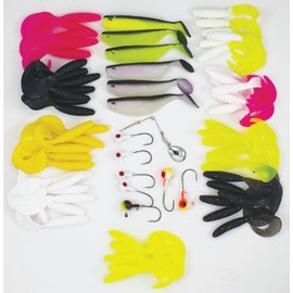 Luck E Strike Walleye Fishing Lure Kit (68 Pieces) Includes 7 Jig Heads, 1 Spinner Arm, and 60 Soft Plastic Baits for Walleye, Bass, Pike, and Freshwater Fish