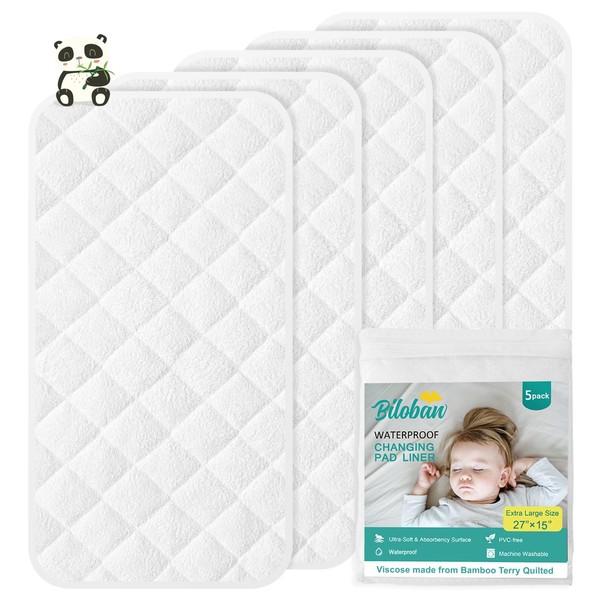 Changing Pad Liner - 5 Pack (Improved Thickness) 15" x 27" Superior Viscose Made from Bamboo Terry Surface, Waterproof & Absorbent Diaper Changing pad Liners
