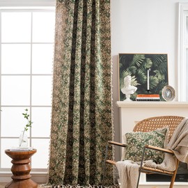Tokusyou Floral Vintage Curtains, Opaque, Country House Style Curtains, Linen Look, Green Jacquard Cotton Boho Curtain with Tassel, Rod Pocket for Bedroom, Living Room, Kitchen, Set of 1, W 150 x H
