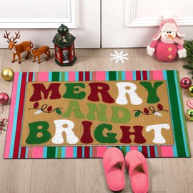 Tinideya 2 Pcs Merry Christmas Door Mat Non Slip Snowy Tree Gingerbread House Village Colorful Xmas Floor Doormat Buffalo Plaid Checked Stripe Mat for Front Porch Entryway(Colorful)