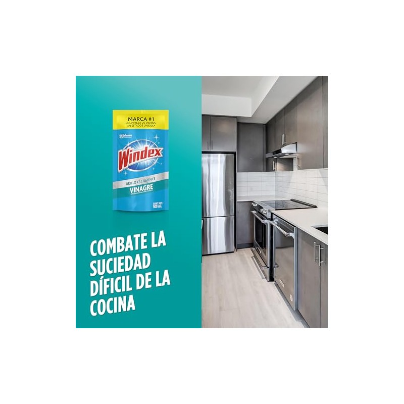 Windex Brillo Fácilmente Vinagre, Limpiador Líquido para Superficies de Vidrios,