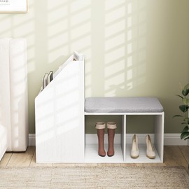 Giantex Shoe Storage Bench, Entryway Bench w/Side Holder & Padded Seat Cushion, 3 Storage Compartments, Wooden Shoe Rack Bench for Entryway, Living Room, Hallway, Bedroom, White